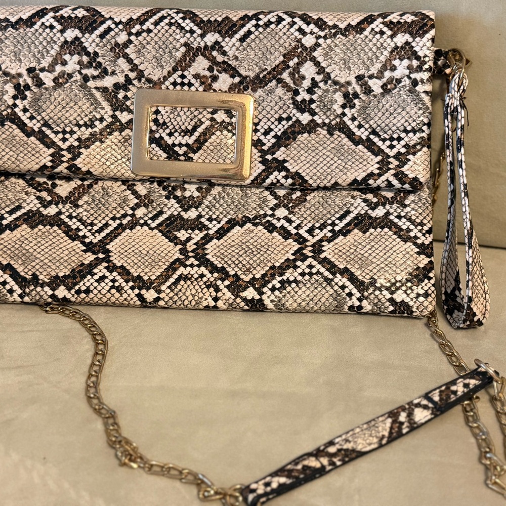 Snakeskin Pattern Clutch with Gold Accents